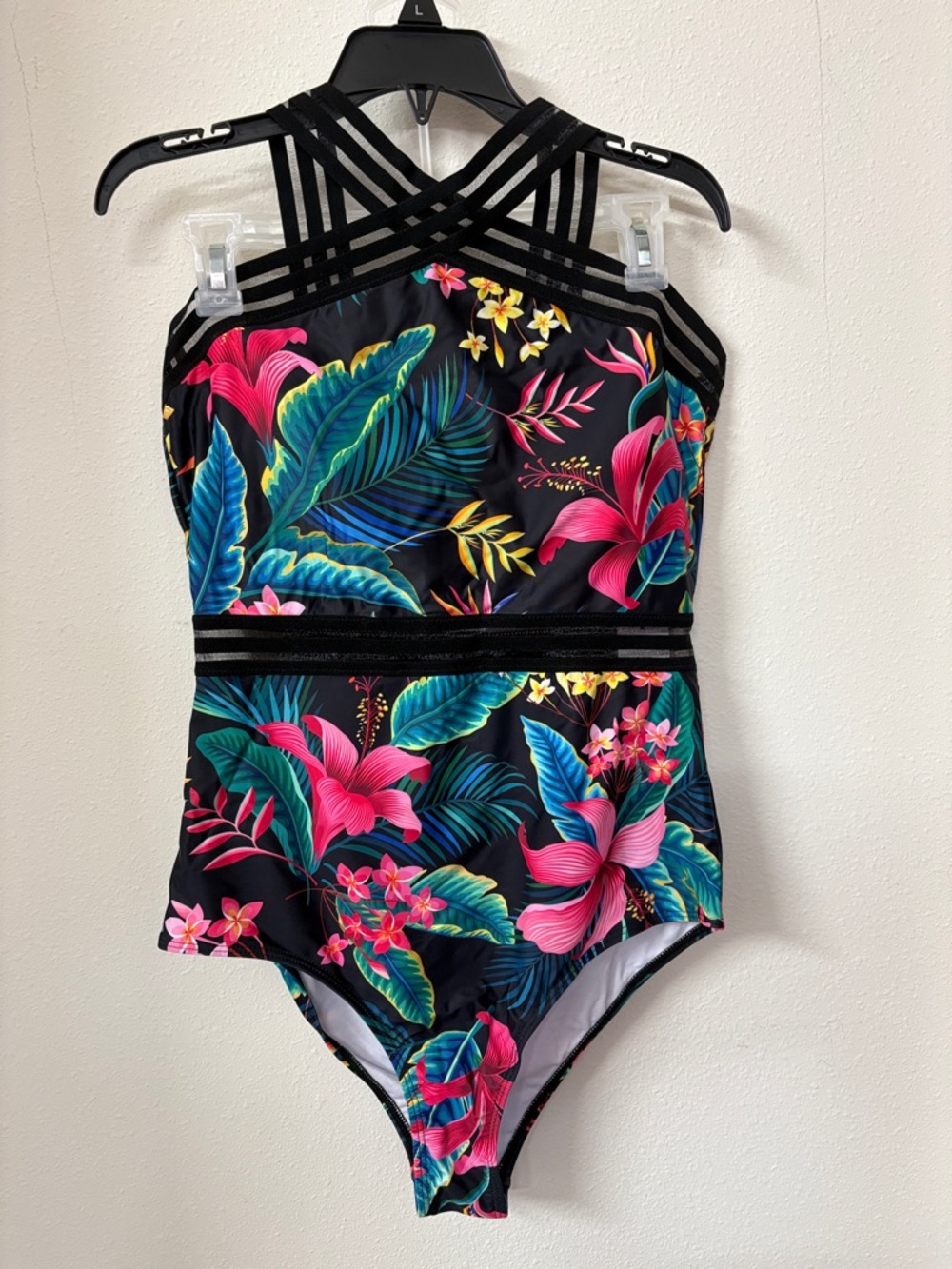 Woman’s Black One-Piece Swimwear with Bright Pink & Teal Tropical Print Size M